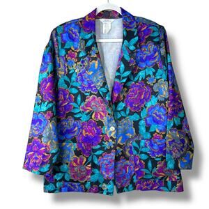 VTG Blair Boutique 80s / 90s Vintage Vibrant Purple Floral Shirt Blazer Jacket